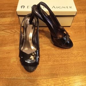 Eitienne Aigner Shiny Black Open-Toe Heeled Sandals Size 7.5